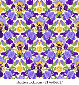 Iris seamless pattern on beige background. Summer vector floral print, fresh botanical background with purple flowers, leaves on light color field. Flat style illustration.