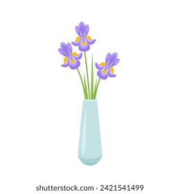 Iris in vase. Vector cartoon flat illustration of purple spring flowers. Beautiful bouquet icon.