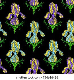 Iris vector illustration. Doodle style. Design, print, logo, decor, textile, paper.