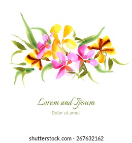 Iris, watercolor, can be used as greeting card, invitation card for wedding, birthday and other holiday and summer background. Vector illustration. 