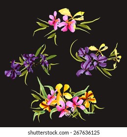 Iris, watercolor, can be used as greeting card, invitation card for wedding, birthday and other holiday and summer background. Vector illustration. 