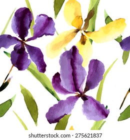 Iris, watercolor, can be used as greeting card, invitation card for wedding, birthday and other holiday and summer background. Vector illustration. 