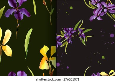 Iris, watercolor, can be used as greeting card, invitation card for wedding, birthday and other holiday and summer background. Vector illustration. 