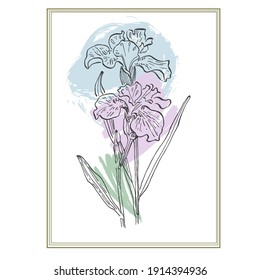 Irises backgrounds for social media platform, stories, banner with abstract shapes, leaves. Hand drawing illustration.