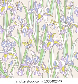 Irises and butterflies floral seamless pattern in vintage colors 
