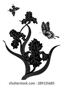 irises and butterflies, silhouette