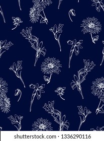 irises and chrysanthemums on a dark blue background  artwork for tattoo, fabrics, souvenirs, packaging, greeting cards and scrapbooking, phone case