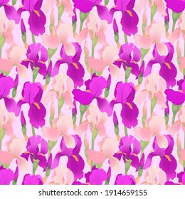Irises delicate floral seamless pattern. Flowers and buds of pink and purple on light pink background. Vector illustration