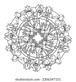 Irises. Floral mandala with tropical flowers. Outline botanical pattern. Decorative plants. The hand-drawn black line on white background. Coloring page for children and adults. Vector illustration.