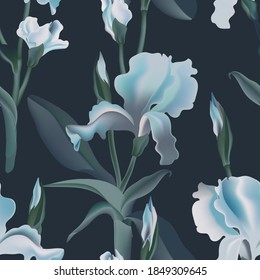 Irises  flower seamless pattern dark blue backgroud. Vector illustration watercolor drawn. Interior repetiotion wallpaper print
