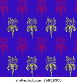 Irises flowers. Hand-drawn. Seamless pattern. Pattern for fabric, background, pattern for gift wrapping, texture.