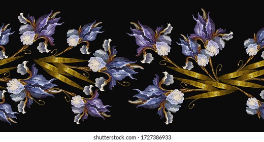 Irises flowers, horizontal seamless pattern. Embroidery. Smmer garden concept. Fashion art nouveau template for clothes, t-shirt design 