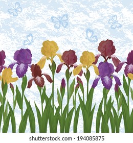 Irises flowers on an abstract blue background with silhouettes of butterflies, seamless pattern. Eps10, contains transparencies. Vector