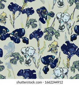 Irises flowers on a background of beige, cream color. Vector illustration, seamless pattern based on the oil painting of Van Gogh.