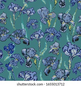 Irises flowers on a background of blue marine color. Vector illustration, seamless pattern.