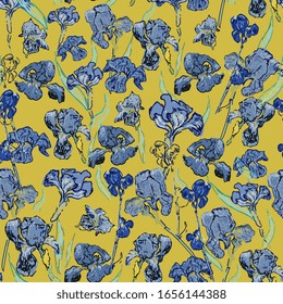 Irises flowers on a background of yellow color. Vector illustration, seamless pattern based on the oil painting.