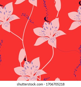 Irises flowers on a red color background. Seamless vector floral pattern. Design for fabric and wallpaper.