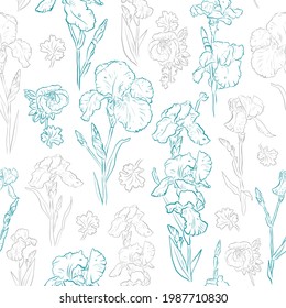 Irises flowers - Seamless vintage vector pattern - floral design. Different shapes of irises. Spring mood. Maybe use for wallpaper, textile or card, wedding design.