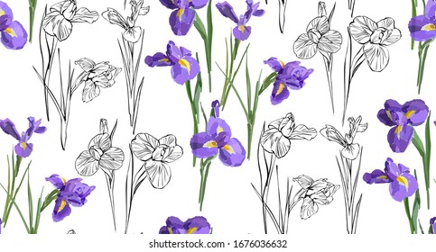 Irises flowers vector seamless background pattern hand drawn. Vector illustration. Textile design, wrapping paper.