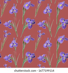 Irises flowers vector seamless background pattern hand drawn. Vector illustration. Textile design, wrapping paper.