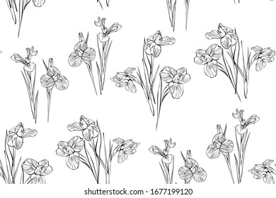 Irises flowers vector seamless background pattern hand drawn. Vector illustration. Textile design, wrapping paper.