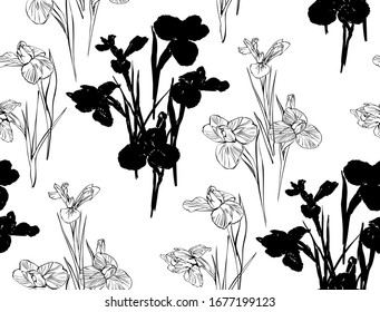 Irises flowers vector seamless background pattern hand drawn. Vector illustration. Textile design, wrapping paper.