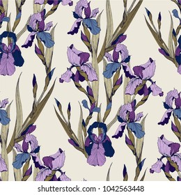 Irises flowers vector seamless pattern flowered background of botany texture