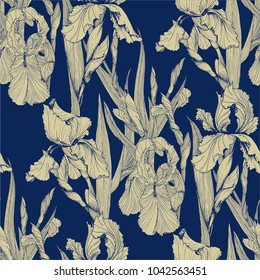 Irises flowers vector seamless pattern flowered background of botany texture