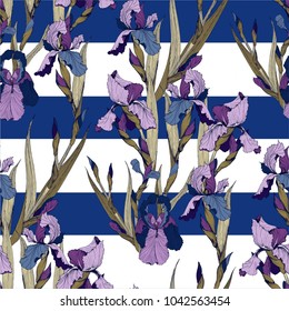 Irises flowers vector seamless pattern flowered background of botany texture