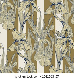 Irises flowers vector seamless pattern flowered background of botany texture