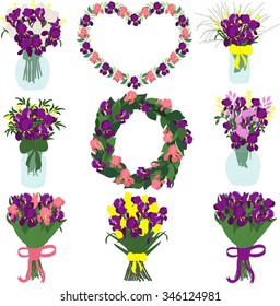 Irises, freesia. Bouquet  of purple and pink irises and composition of irises tulips and freesias