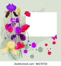 Irises and poppies on a shabby background