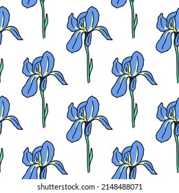 Irises seamless flower pattern vector illustration. Colorful blue sky bloom background. Flowers model. Template botanical natural decoration for fabric, wallpaper, design