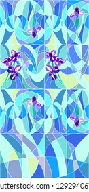 Irises seamless pattern in bright violet and turquoise colors. Stained glass or tile style that can be used as a background, textile print, backdrop, poster, wrapping paper etc. Vector illustration.