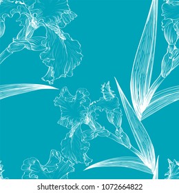 Irises. Seamless pattern. Vector drawing - flowers, leaves, stems and buds of irises. Use printed materials, signs, items, websites, maps, posters, postcards, packaging.