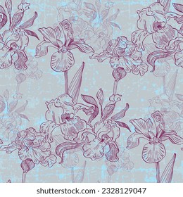Irises seamless patterns Botanical for wrapping paper, textile and wallpaper. Engraved vintage style. Vector illustration.