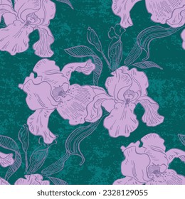 Irises seamless patterns Botanical for wrapping paper, textile and wallpaper. Engraved vintage style. Vector illustration.