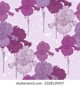 Irises seamless patterns Botanical for wrapping paper, textile and wallpaper. Engraved vintage style. Vector illustration.