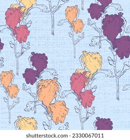 Irises seamless patterns Botanical for wrapping paper, textile and wallpaper. Engraved vintage style. Vector illustration.