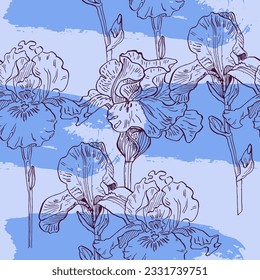 Irises seamless patterns Botanical for wrapping paper, textile and wallpaper. Engraved vintage style. Vector illustration.