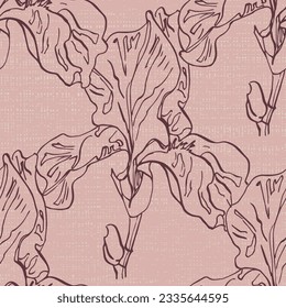 Irises seamless patterns Botanical for wrapping paper, textile and wallpaper. Engraved vintage style. Vector illustration.
