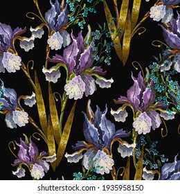 Irises spring flowers, seamless pattern. Embroidery. Floral garden concept. Fashion template for clothes, t-shirt design 