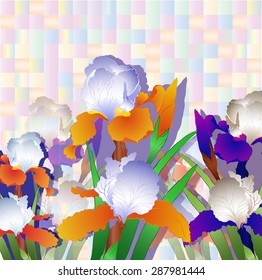 Irises. Vector drawing - flowers, leaves, stems and buds of irises.Use printed materials, signs, items, websites, maps, posters, postcards, packaging.