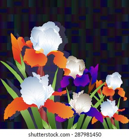 Irises. Vector drawing - flowers, leaves, stems and buds of irises.Use printed materials, signs, items, websites, maps, posters, postcards, packaging.