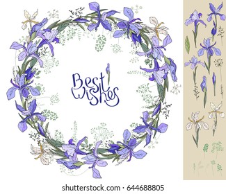 Irises - wreath and single. Floral elements for your design
