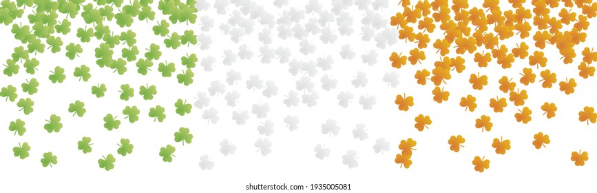 Irish abstract flag with falling green white orange clovers Saint Patrick's Day background banner