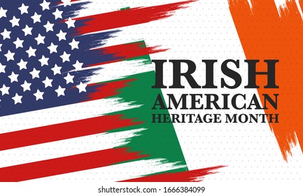 Mes del Patrimonio Norteamericano Irlandés. Todos los años se celebraba la Marcha en los Estados Unidos. Honores y contribuciones de los inmigrantes irlandeses a la historia de América. Diseño de marcas. Cartel del vector