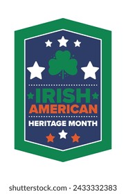 Irish American Heritage Month. Annual celebrated all March in the United States. Honor achievements and contributions of Ireland immigrants to the history of America. Flags design. Vector poster