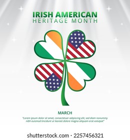 Irish American heritage month background with a shamrock leaf flag in light