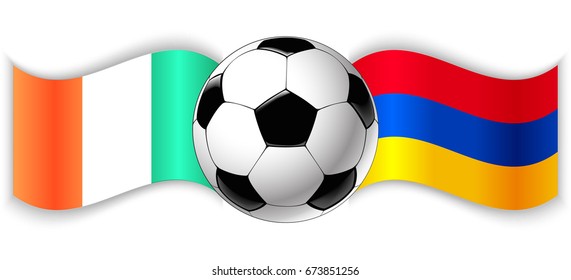 Irish and Armenian wavy flags with football ball. Ireland combined with Armenia isolated on white. Football match or international sport competition concept.